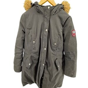 Tommy Hilfiger Women's Black Hooded Faux Fur‎ Trimmed Parka Coat Large